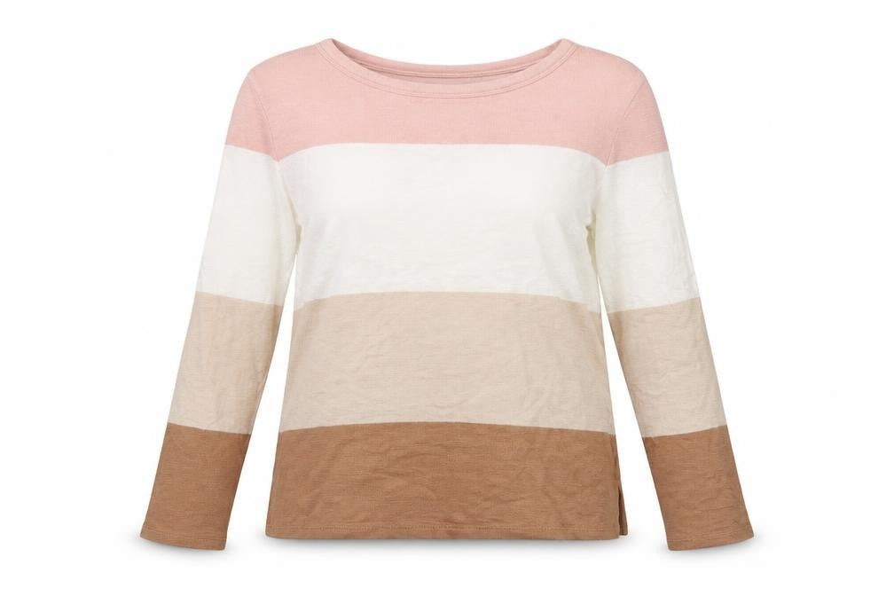 Front view of Marks & Spencer women’s multicoloured round neck striped cotton jumper, size UK 12