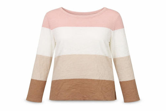 Front view of Marks & Spencer women’s multicoloured round neck striped cotton jumper, size UK 12