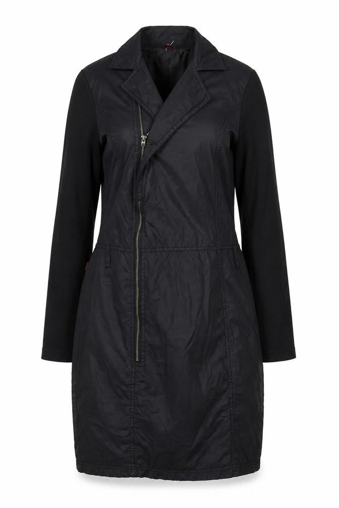Front view of Miss Captain women’s black polyester jacket dress, size UK 8, collared zip