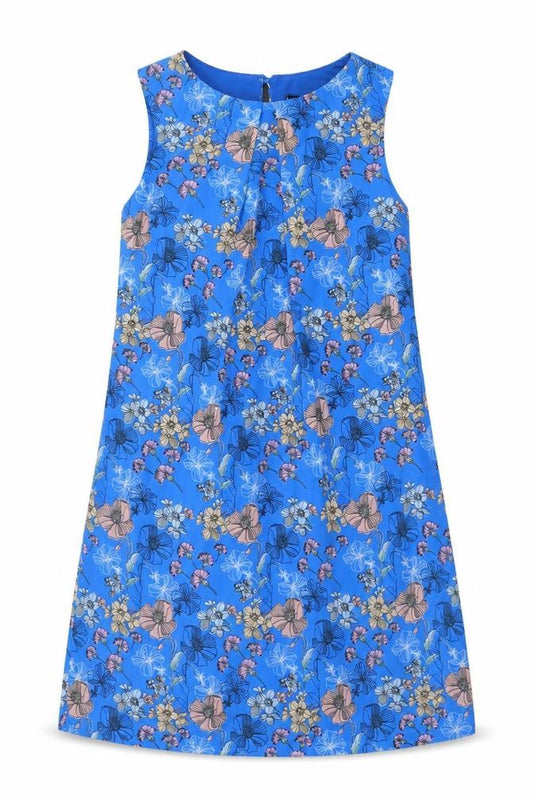 Front view of Atmosphere women’s blue floral polyester shift, size UK 6, boat neck button