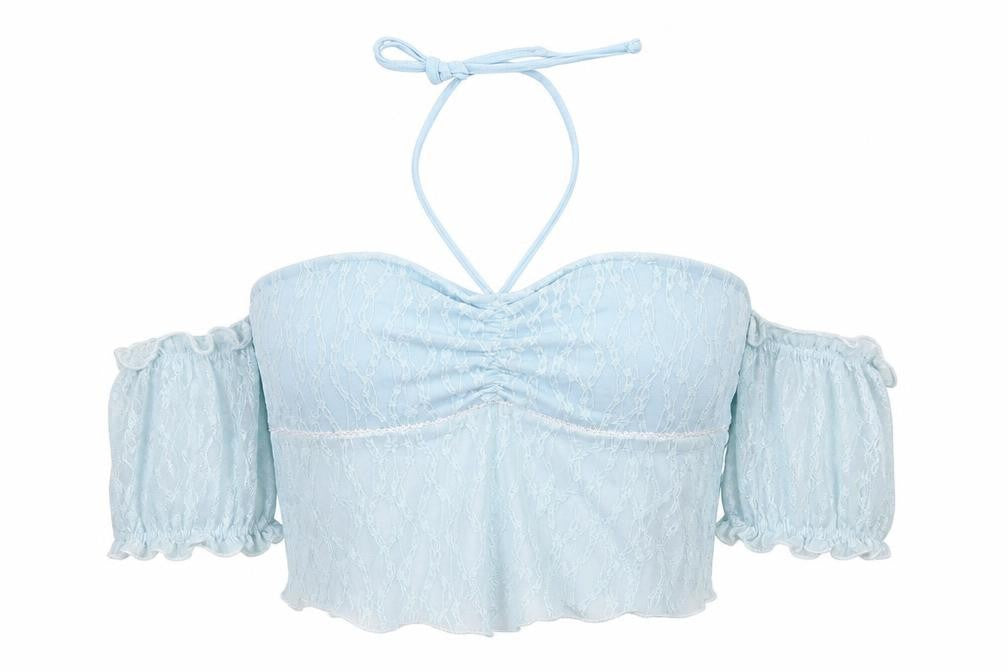 Front view of ROMWE women’s blue polyester cropped blouse, size UK 10, sweetheart