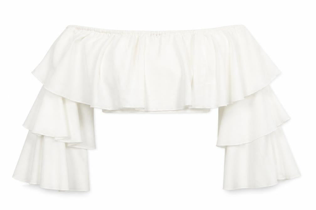 Front view of SHEIN women’s white polyester cropped blouse, size S, off the shoulder