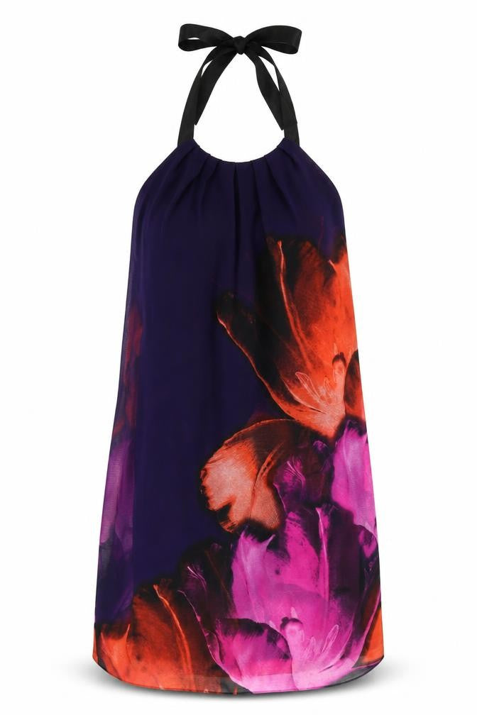 Front view of Le Chateau women’s multicoloured floral polyester shift, size XS, halter zip