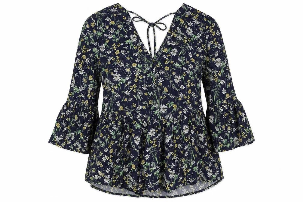 Front view of F&F women’s blue floral viscose basic blouse, size UK 6, v-neck