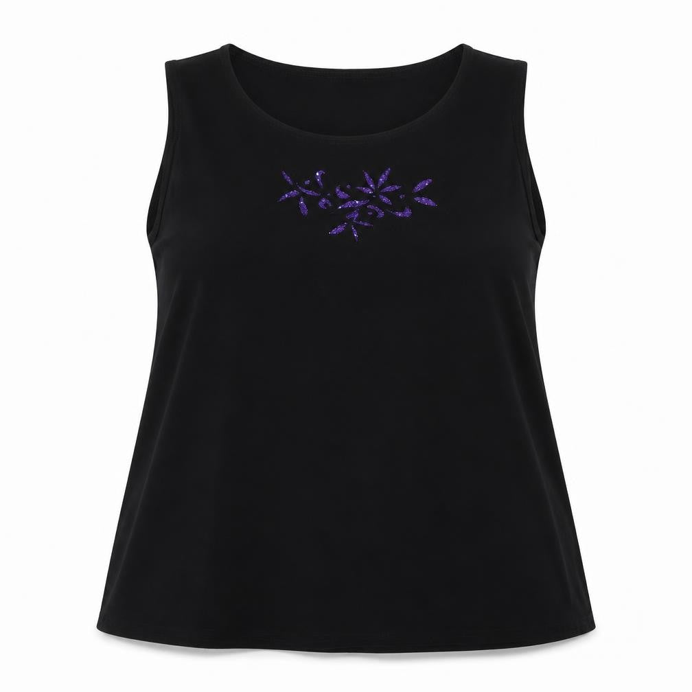 Front view of Anne Smith women’s black floral polyester basic tank, size 3XL, round neck