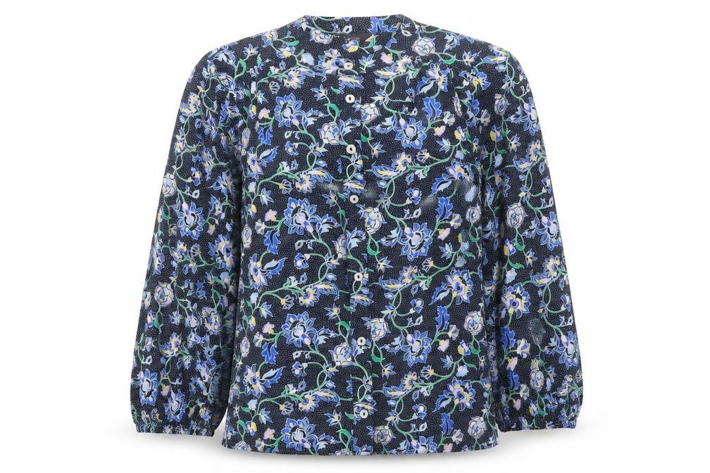 Front view of Marks & Spencer women’s multicoloured floral cotton basic button-up, size UK 8, round neck