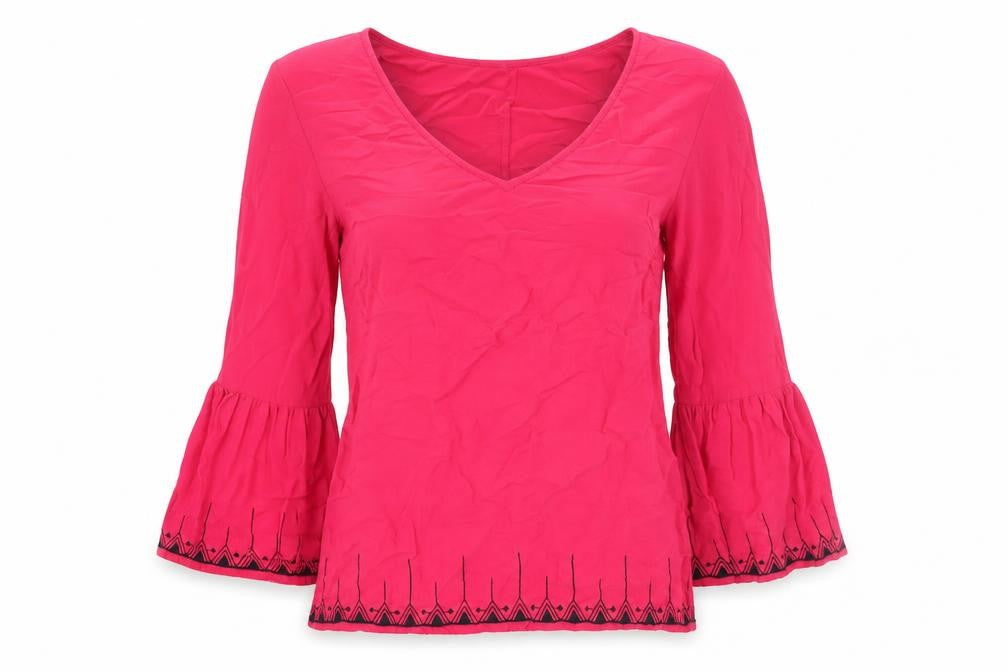 Front view of Mint Velvet women’s pink geometric viscose basic blouse, size UK 8, v-neck