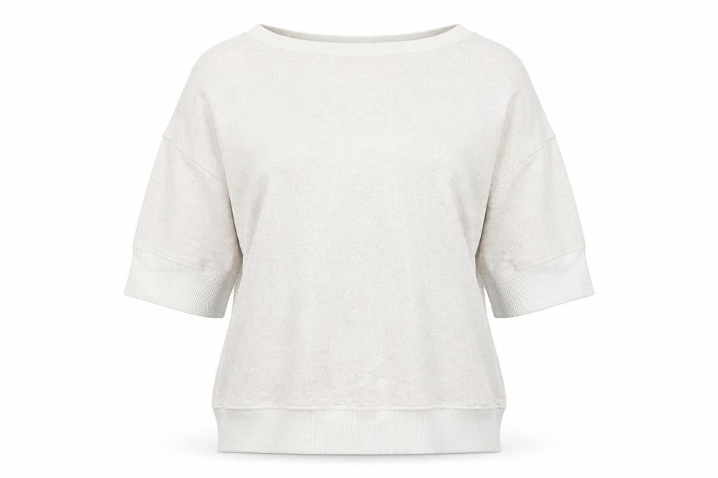 Front view of women’s beige cotton pullover sweatshirt one size pullover