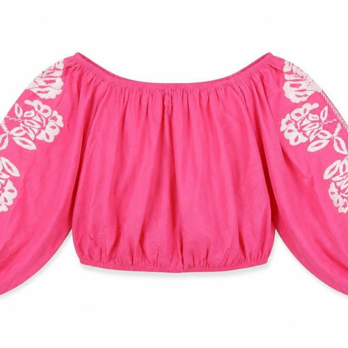 Marks and Spencer Womens Pink 100% Cotton Cropped Blouse Size 20 Boat Neck - Flower Detail