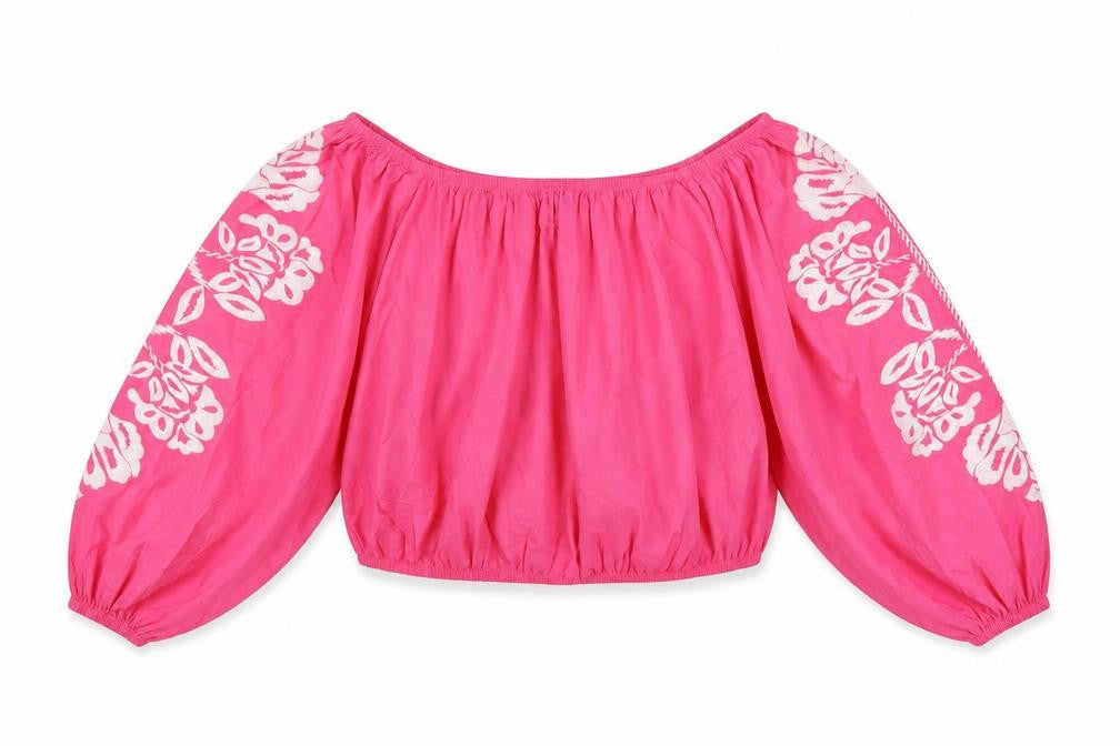 Marks and Spencer Womens Pink 100% Cotton Cropped Blouse Size 20 Boat Neck - Flower Detail