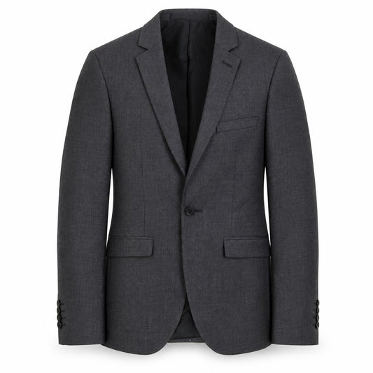 Front view of Burton men’s grey polyester jacket suit jacket, size 34