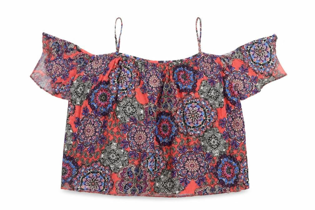 Front view of Atmosphere women’s orange geometric viscose basic blouse, size UK 14, off the shoulder