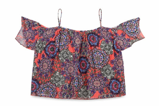 Front view of Atmosphere women’s orange geometric viscose basic blouse, size UK 14, off the shoulder
