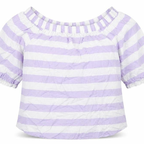 Marks and Spencer Womens Purple Striped 100% Cotton Basic Blouse Size 8 Boat Neck