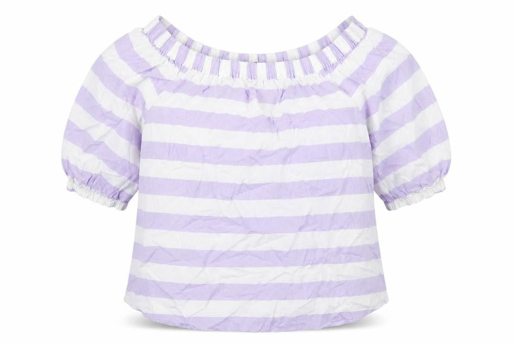 Marks and Spencer Womens Purple Striped 100% Cotton Basic Blouse Size 8 Boat Neck