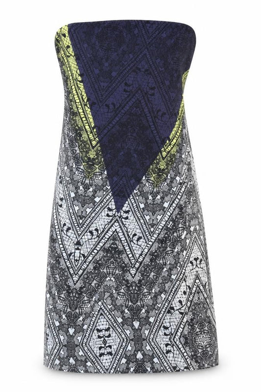 Front view of Warehouse women’s multicoloured geometric polyester shift, size UK 12, cowl neck