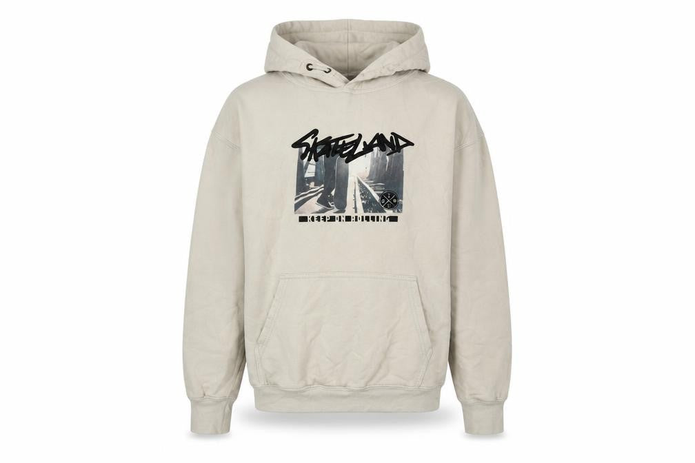Front view of H&M girls’ beige cotton pullover hoodie, size 14, years pullover - skateland