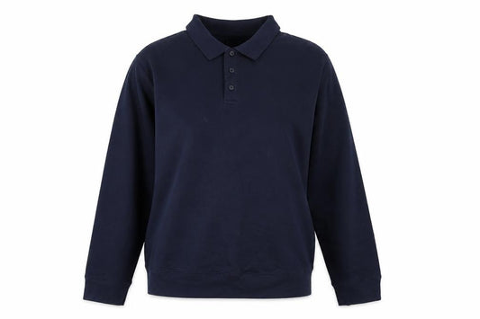 Front view of Easy women’s blue herringbone polyester pullover sweatshirt, size XL, button