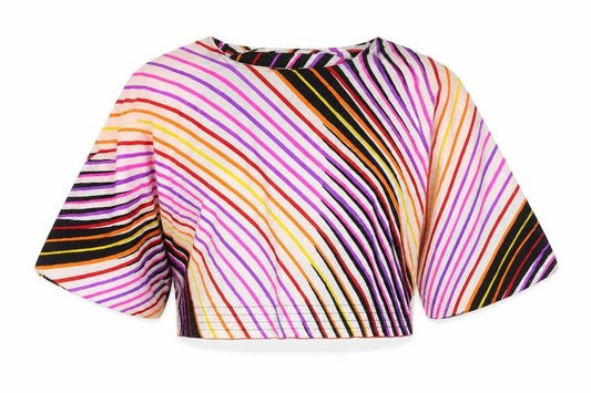 Front view of Monique women’s multicoloured geometric polyester cropped blouse, size UK 14, round neck - angel sleeve