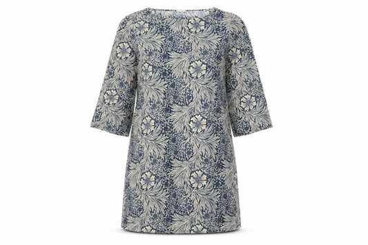 Front view of H&M women’s blue floral polyester shift, size UK 4, boat neck pullover