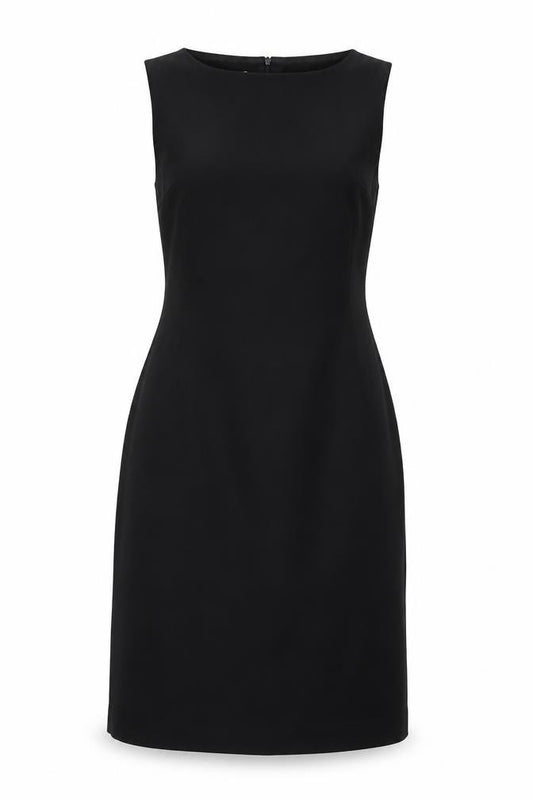 Front view of NL Collection women’s black polyester shift, size UK 10, boat neck zip