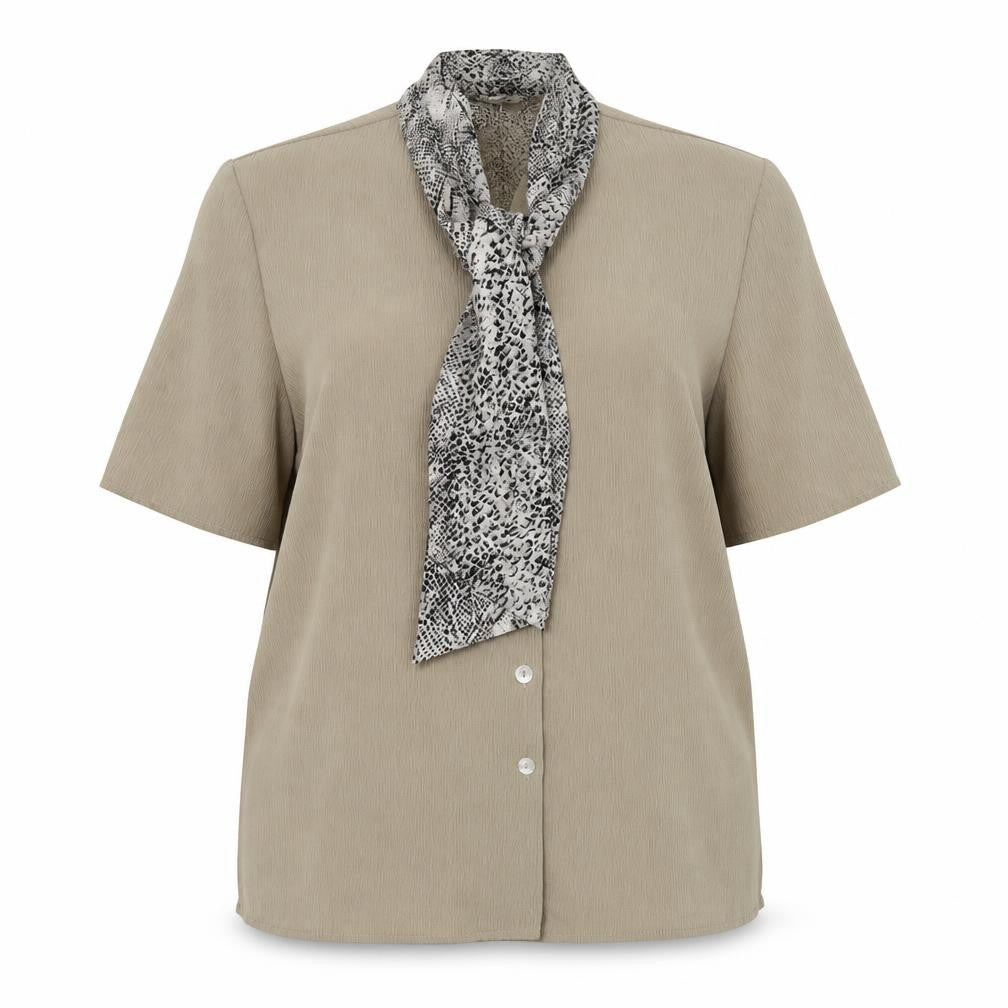 Front view of berketex women’s brown polyester basic button-up, size UK 16, round neck - snake print scarf detail