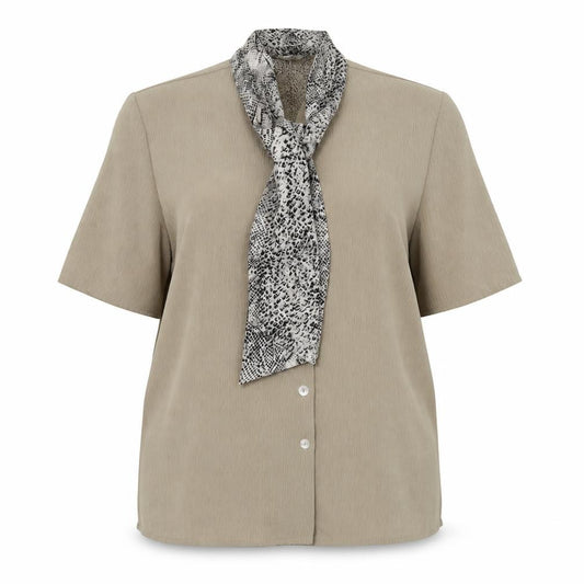 Front view of berketex women’s brown polyester basic button-up, size UK 16, round neck - snake print scarf detail