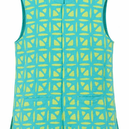 Fabindia Girls Green Geometric 100% Cotton Basic Blouse Size 12-13 Years Round Neck Button