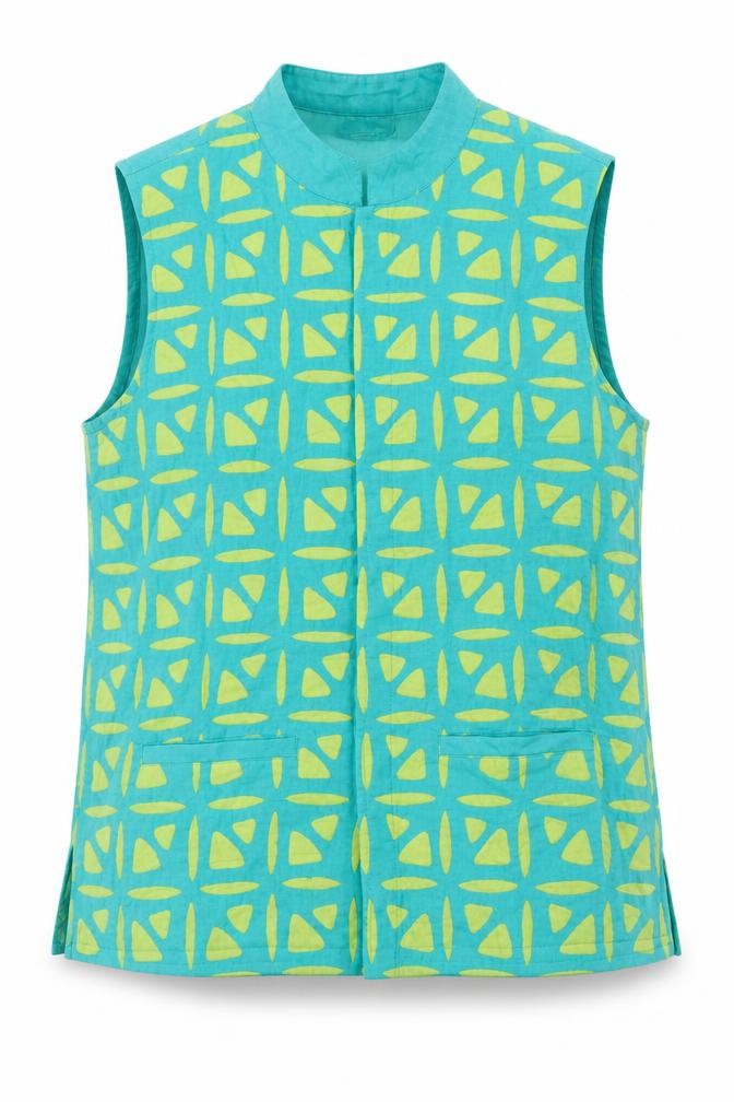 Fabindia Girls Green Geometric 100% Cotton Basic Blouse Size 12-13 Years Round Neck Button