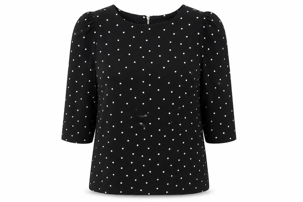 Front view of Dorothy Perkins women’s black polka dot polyester basic blouse, size UK 12, round neck