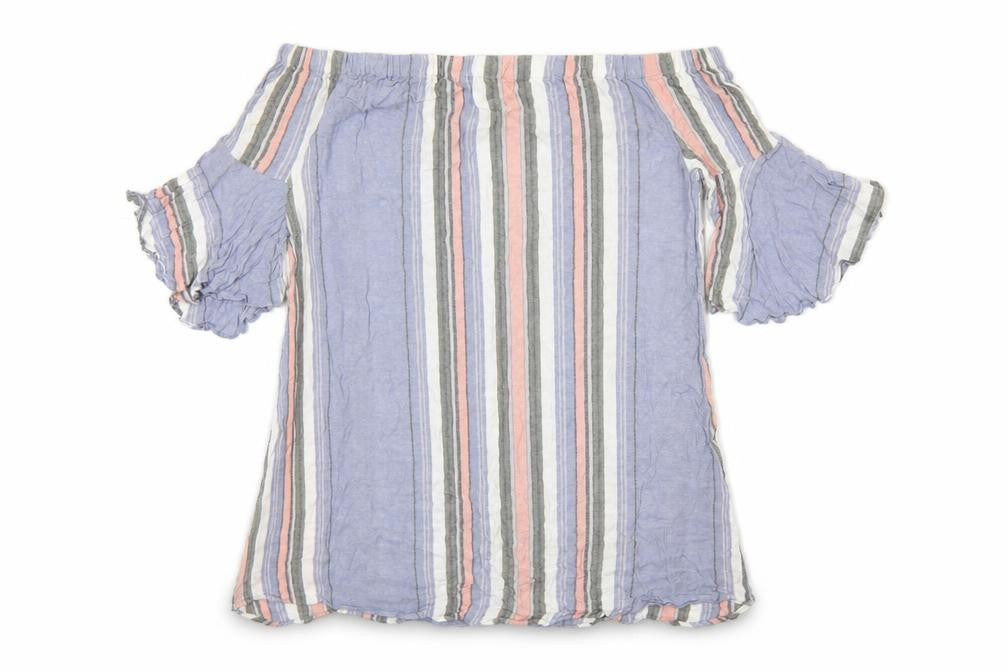 Front view of Papaya women’s blue striped viscose basic blouse, size UK 12, off the shoulder