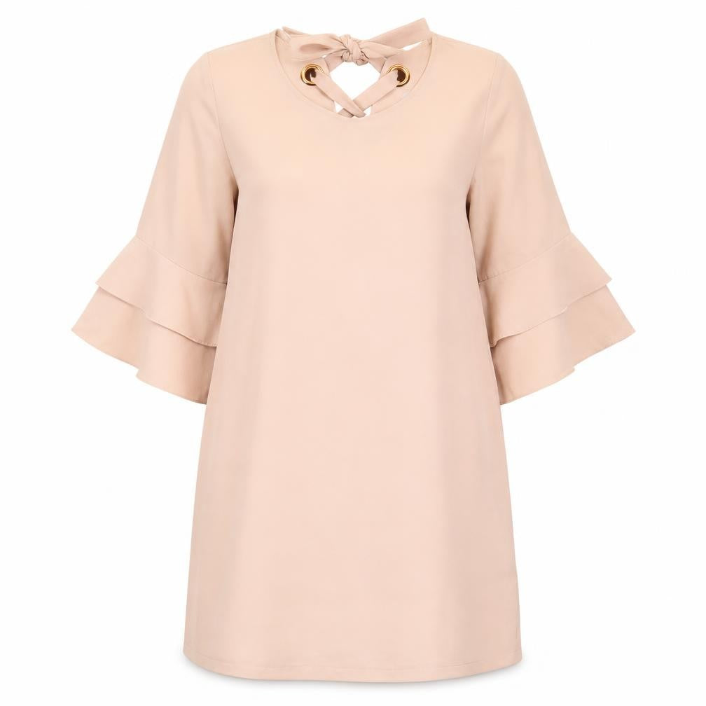 Front view of Primark women’s pink polyester a-line, size UK 10, round neck tie