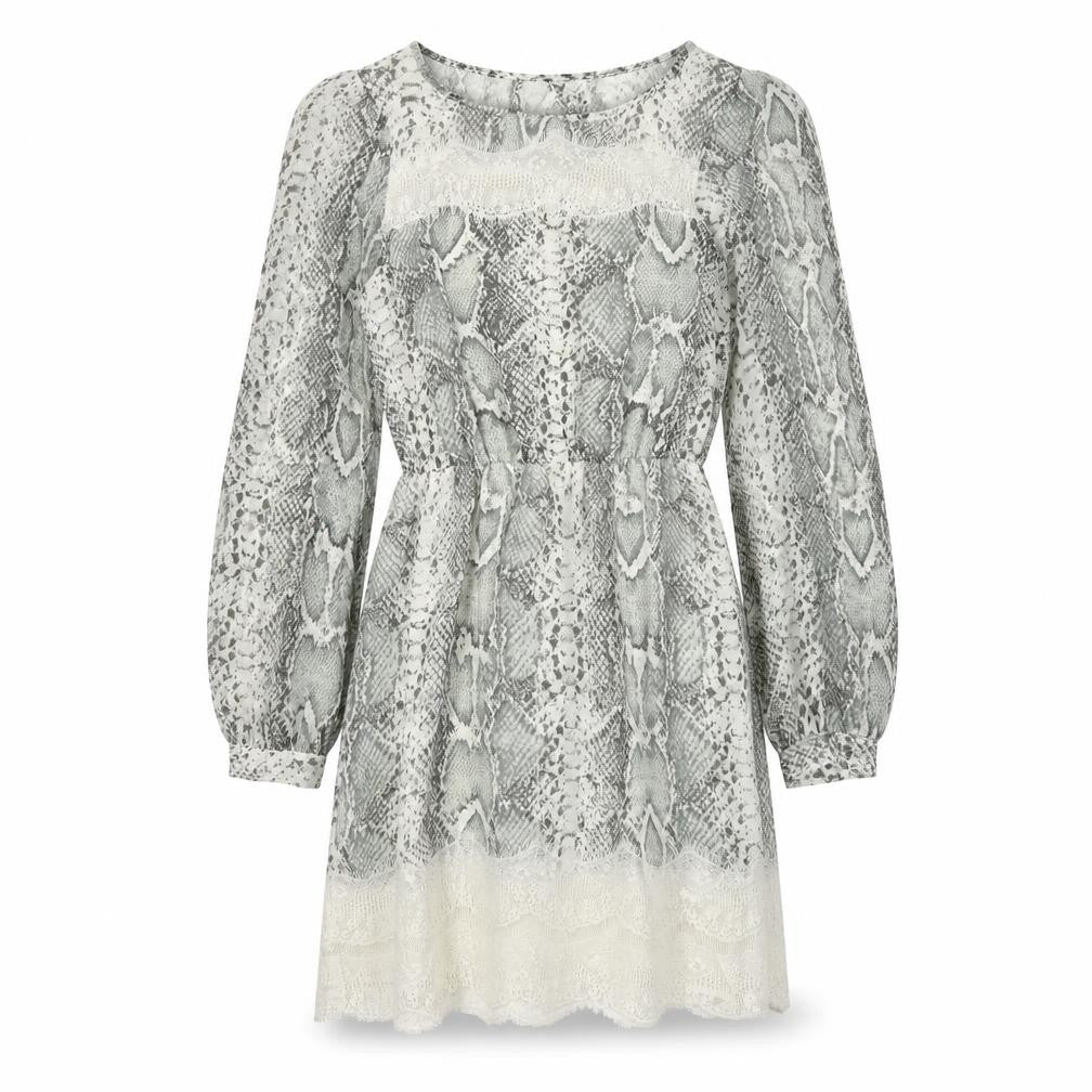 Front view of River Island women’s green animal print polyester fit & flare, round neck pullover - snakeskin pattern