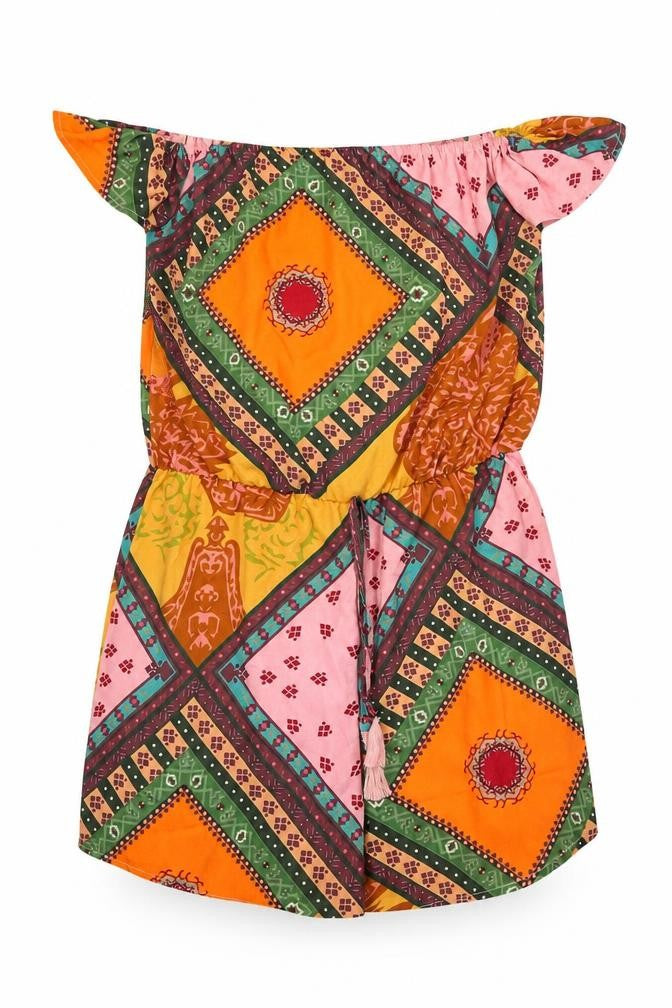 Front view of women’s multicoloured geometric polyester playsuit one-piece, size S, pullover