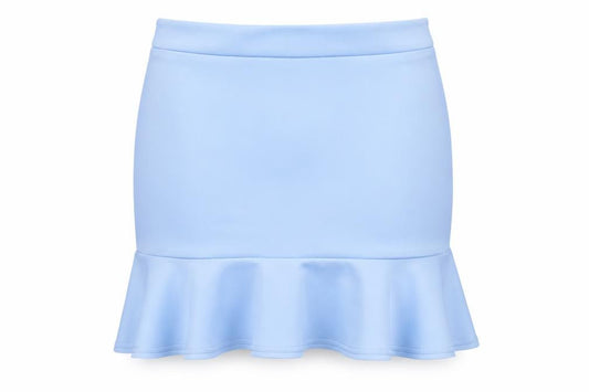 Front view of In the Style women’s blue polyester bandage skirt, size UK 10