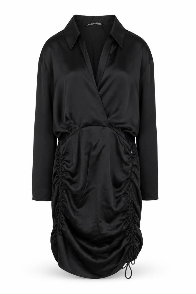 Front view of Zara Knit women’s black polyester shirt dress, size S, collared zip