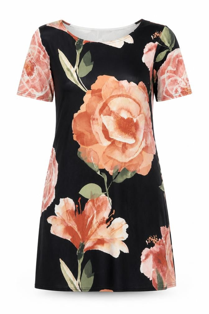 Front view of Boohoo women’s black floral polyester a-line, size UK 12, round neck pullover