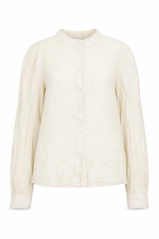 Front view of Vera Moda women’s beige viscose basic button-up, size XS, round neck