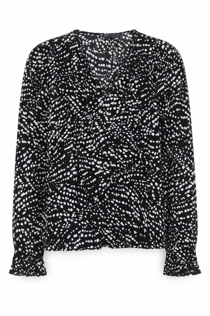Front view of Marks & Spencer women’s black geometric viscose basic blouse, size UK 8, v-neck