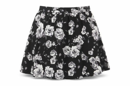Front view of Moves women’s black floral polyester skater skirt, size UK 12, zip
