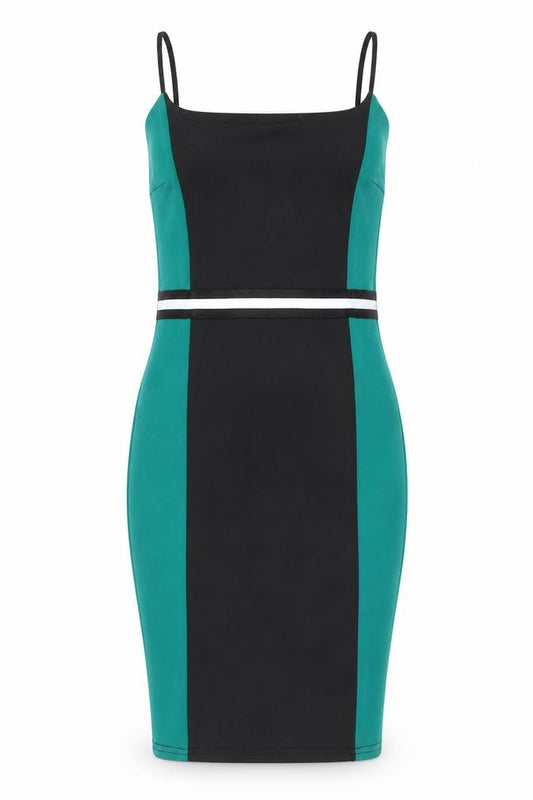 Front view of IX LONDON women’s green colourblock polyester bodycon, size UK 10, round neck pullover
