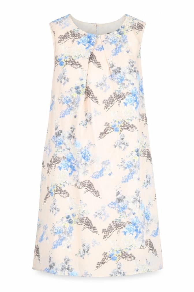 Front view of Primark women’s beige floral polyester a-line, size UK 12, round neck button