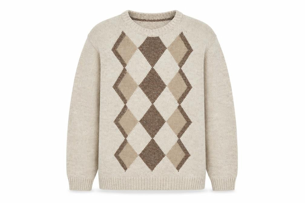 Clubhouse Mens Beige Round Neck Argyle/Diamond Acrylic Pullover Jumper Size S