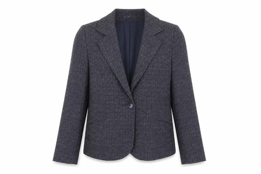 Front view of EWM women’s blue viscose jacket blazer, size UK 14