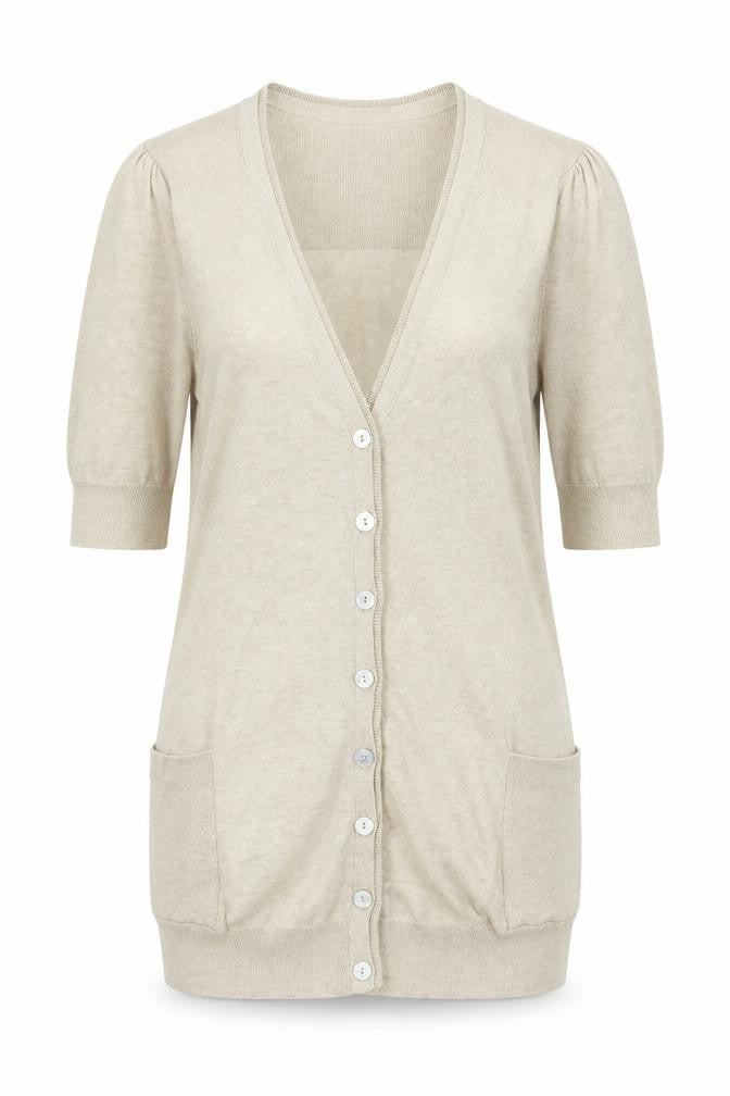 Front view of Principles women’s beige v-neck cotton cardigan jumper, size UK 10