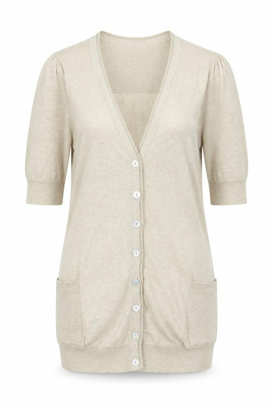 Front view of Principles women’s beige v-neck cotton cardigan jumper, size UK 10