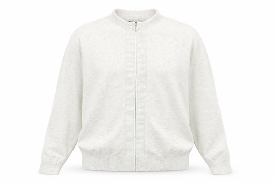 Front view of Marks & Spencer women’s grey round neck viscose full zip jumper, size M