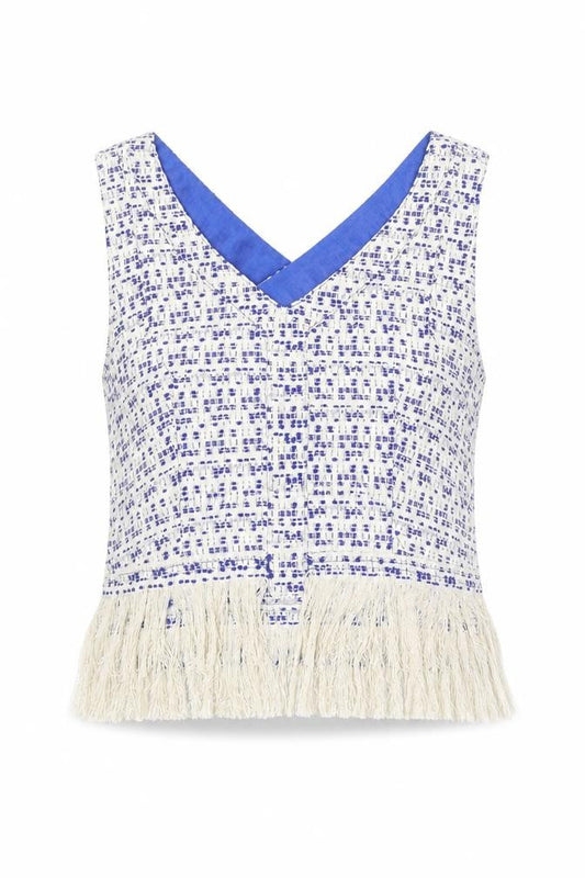 Front view of Drole de copine women’s blue geometric polyester basic blouse, size S, v-neck