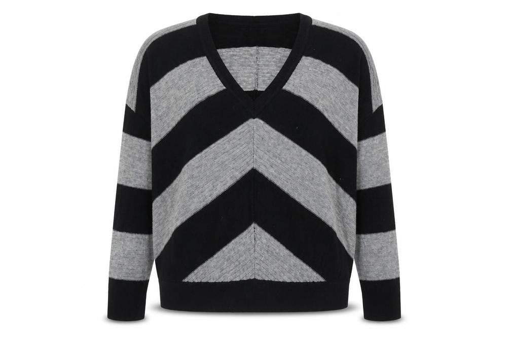 Front view of Splendid women’s black v-neck striped nylon jumper, size M