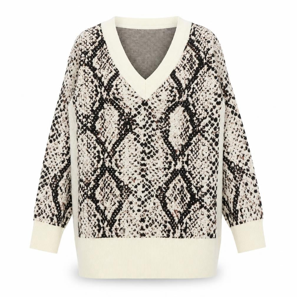 Front view of River Island women’s beige v-neck animal print viscose jumper, size UK 6, - snakeskin pattern
